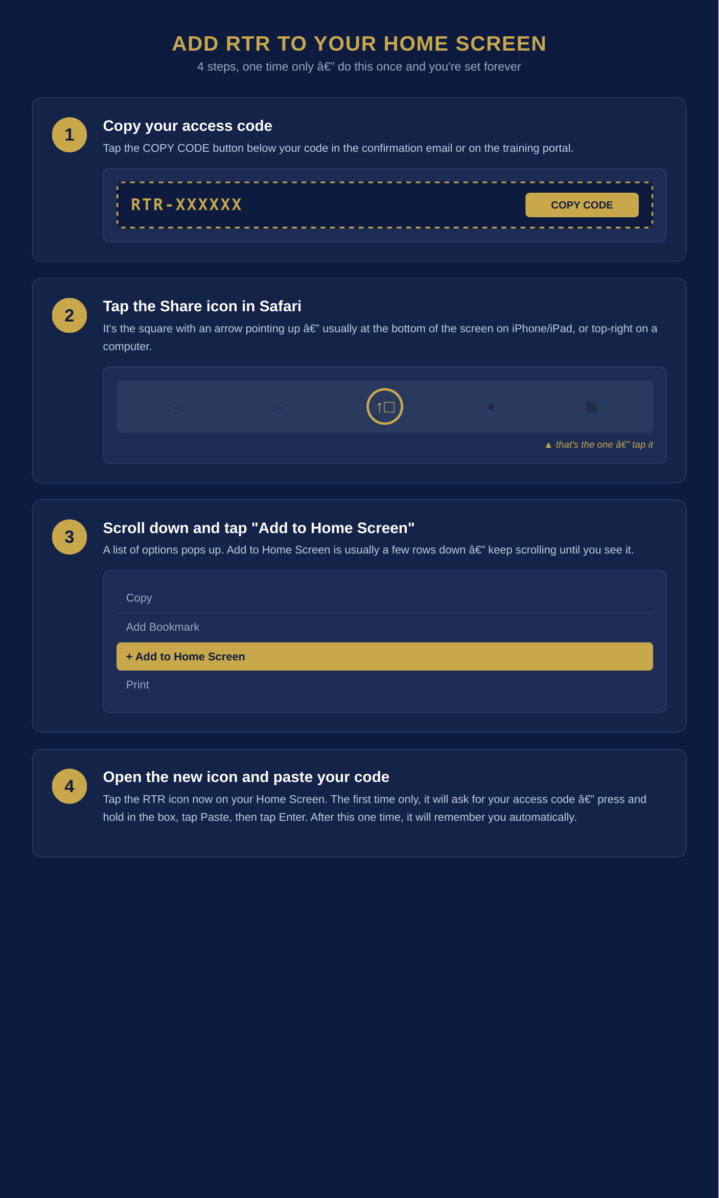 Step by step: copy your code, tap Share, tap Add to Home Screen, then paste your code